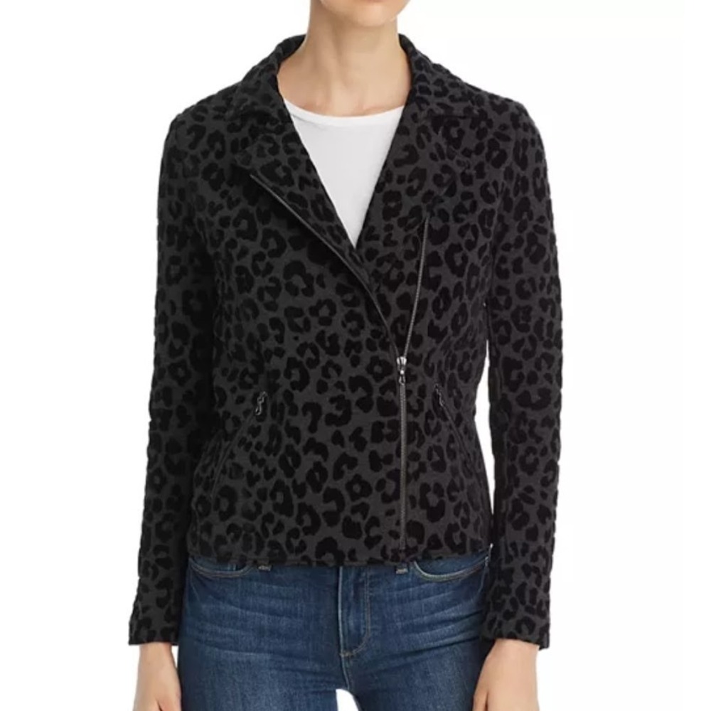 Majestic Filatures Leopard Print Moto Jacket‎ Size 3/M Gray Black Flocked Velvet